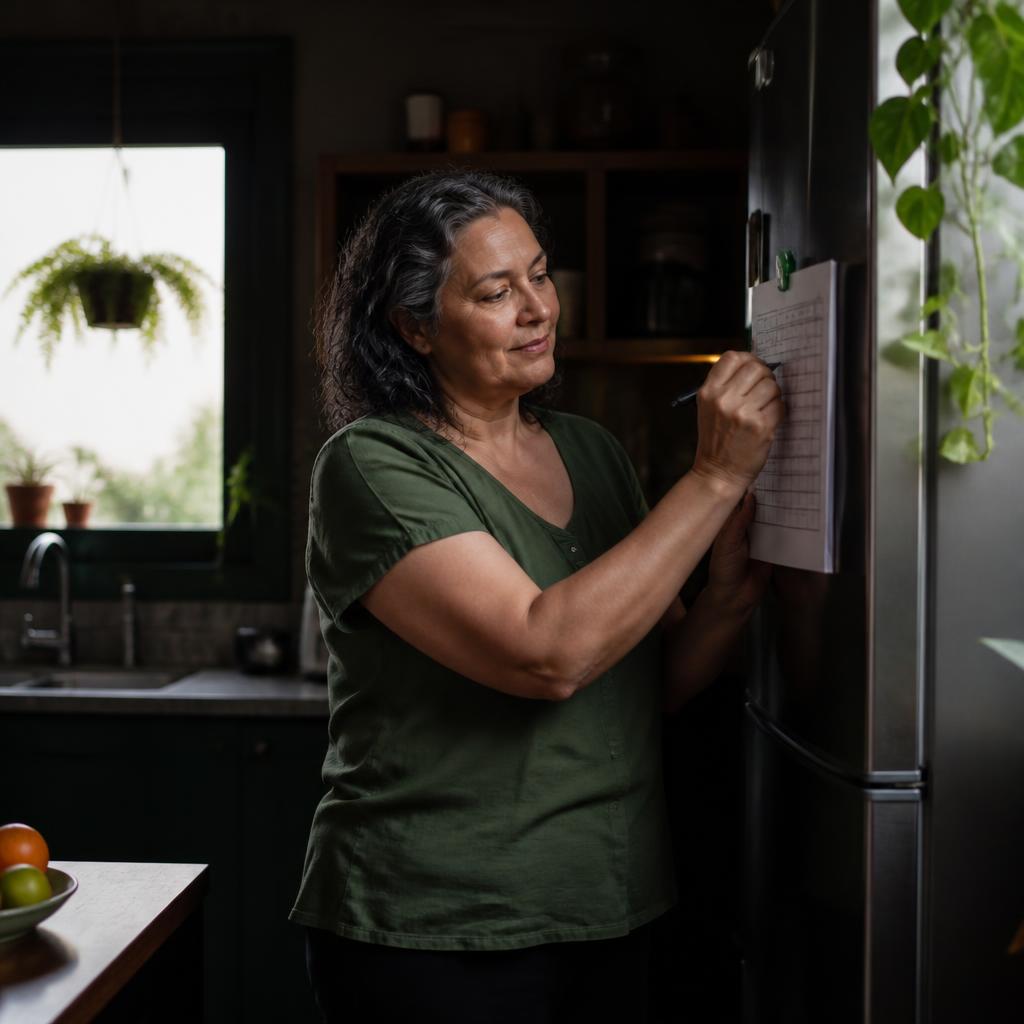 Mulher marcando o checklist do Método 12 em 12 na cozinha, no meio da rotina